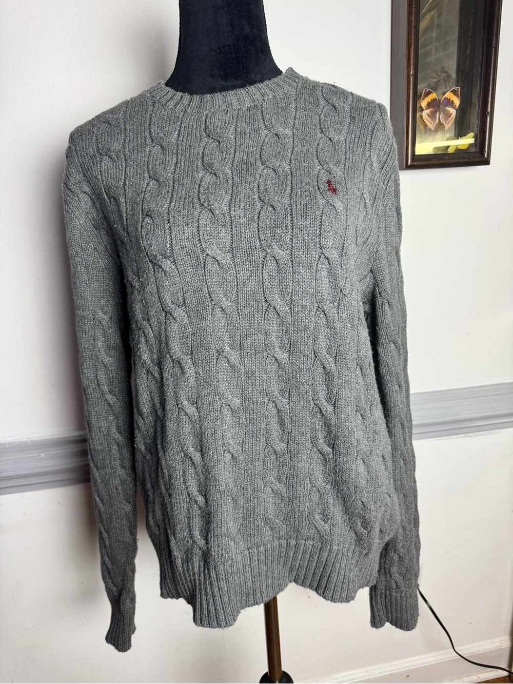 Ralph Lauren Light Gray Cable Crewneck Sweater with Pony Logo